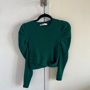 Zara Green Puff-Sleeve Cropped Sweater